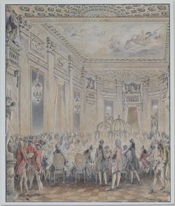 Fest givet af Madame du Barry (1743-93) for Louis XV den 2. september 1771 ved indvielsen af pavillonen i Louveciennes, 1771 (pen og blæk og wc på papir)